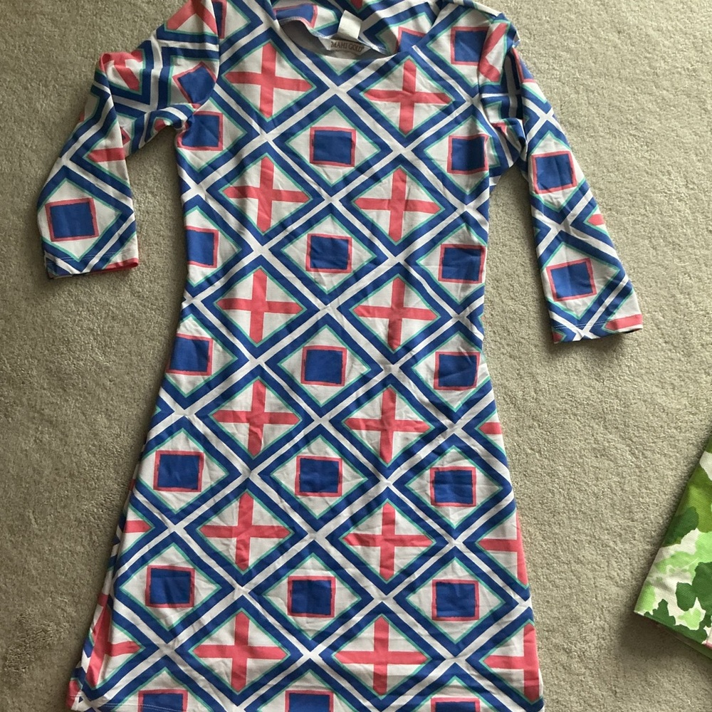 MAHI GOLD Long Sleeve Dress - Blue and Pink Geometric